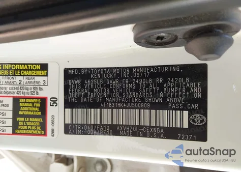 2018 Toyota Camry Hybrid Le z USA, uszkodzony, nr VIN 4T1B31HK4JU500809